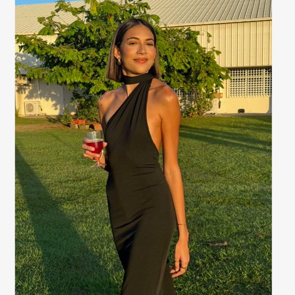 Black Maxi Long Sheath Dress One Shoulder Long Strap  Ruched Back - Picture 9 of 16